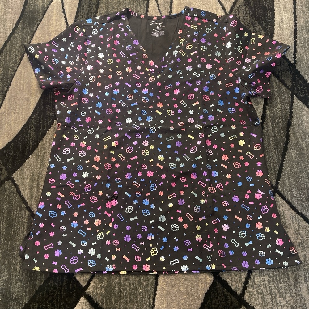 Black Multicolor Paw Print Scrub Top